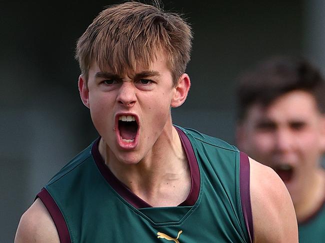 MELBOURNE, AUSTRALIA - SEPTEMBER 09: James Leake of the Tassie Devils celebrates kicking a goal during the Coates Talent League Girls Quarter Final match between Tasmania Devils and Gippsland Power at Highgate Reserve on September 09, 2023 in Melbourne, Australia. (Photo by Kelly Defina/AFL Photos/via Getty Images )