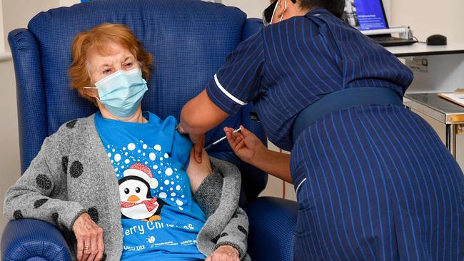 Margaret Keenan is given the vaccine on Tuesday. Picture: AFP