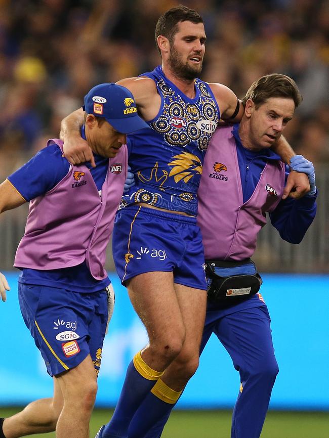 Jack Darling had to be helped from the field by Eagles medical staff. Picture: Getty