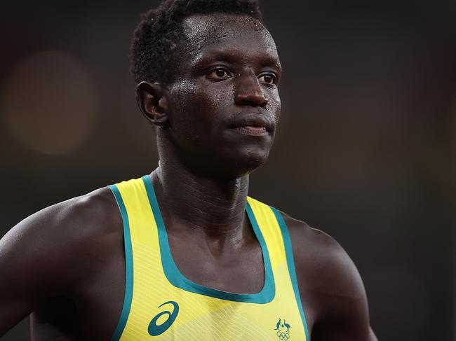 TOKYO, JAPAN - AUGUST 04: Peter Bol of Team Australia reacts after the Men's 800m Final on day twelve of the Tokyo 2020 Olympic Games at Olympic Stadium on August 04, 2021 in Tokyo, Japan. (Photo by Cameron Spencer/Getty Images)