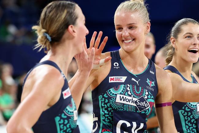 Rudi Ellis (right) and Emily Mannix celebrate a Vixens’ win last season. Picture: Getty Images