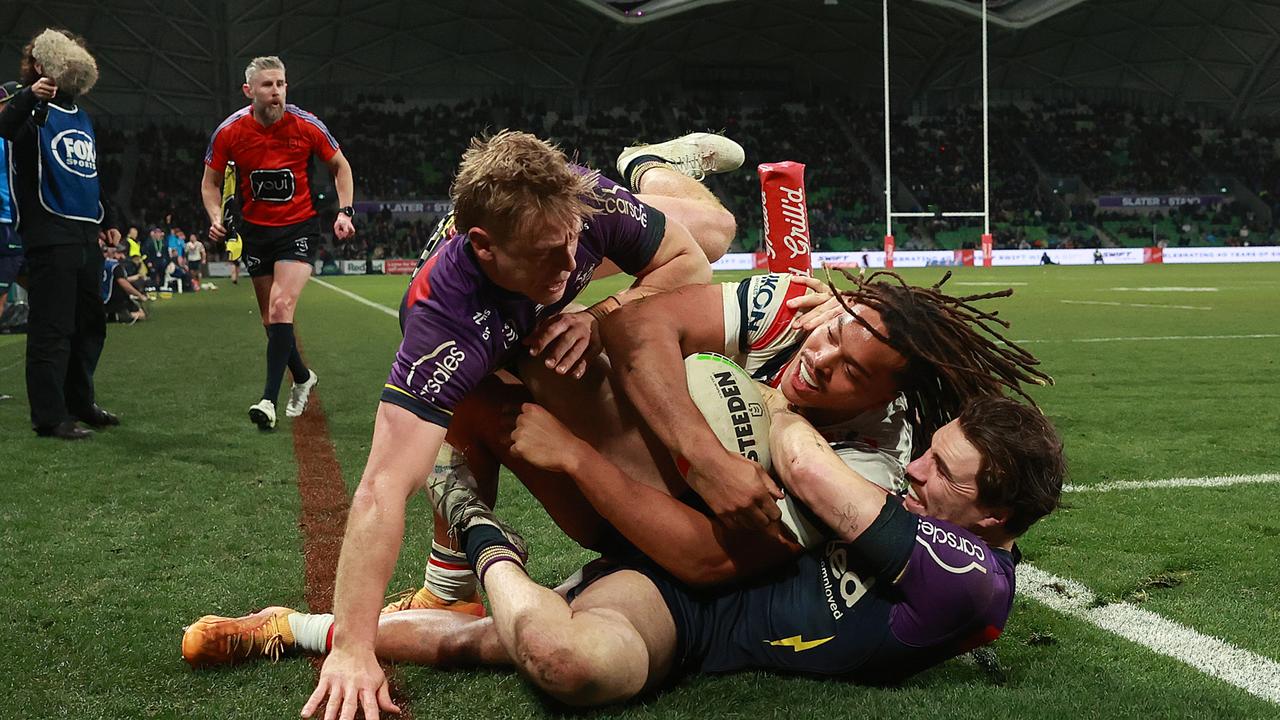 Grant Anderson stopped Dom Young from scoring a certain try on Saturday night. Picture: Kelly Defina/Getty Images