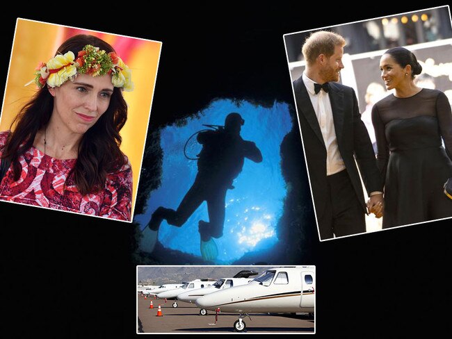 Jacinda Ardern, left, Prince Harry and Meghan, right, and a slew of private jet owners have all dived into the climate change debate. Pictures: