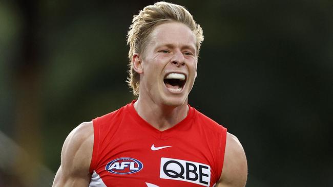 Sydney's Isaac Heeney celebrates kicking a goal during the Round 13 AFL match between the Sydney Swans and Geelong Cats at the SCG on June 9, 2024.. Photo by Phil Hillyard(Image Supplied for Editorial Use only - **NO ON SALES** - Â©Phil Hillyard )