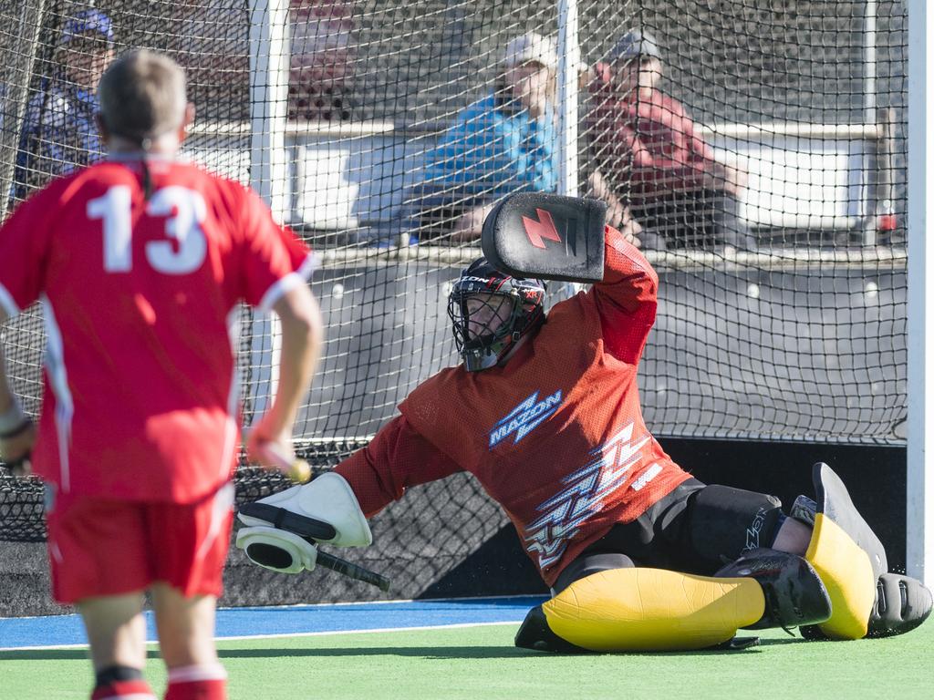 Red Lion White goal keeper Scott Clark defends against Newtown in A4 men Presidents Cup hockey at Clyde Park, Saturday, May 27, 2023. Picture: Kevin Farmer