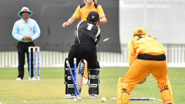 Glenelg’s Liam Thompson well and truly bowled Port Adelaide batsman Jordon Thomas for a golden duck in their grade cricket clash at Glenelg Oval on Saturday. Picture: AAP/Keryn Stevens