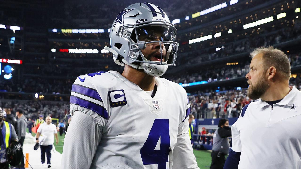 ARLINGTON, TEXAS - JANUARY 16: Dak Prescott #4 of the Dallas Cowboys walks off the field after losing to the San Francisco 49ers 23-17 in the NFC Wild Card Playoff game at AT&amp;T Stadium on January 16, 2022 in Arlington, Texas. Tom Pennington/Getty Images/AFP == FOR NEWSPAPERS, INTERNET, TELCOS &amp; TELEVISION USE ONLY ==