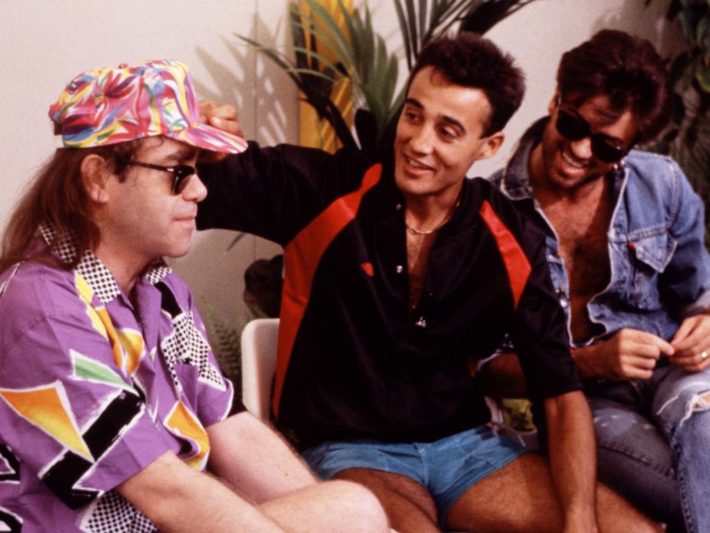 June 28 1986. Elton John backstage with Andrew Ridgeley and George Michael of Wham! at their 'The Final Concert', Wembley Stadium, London. Picture: Getty