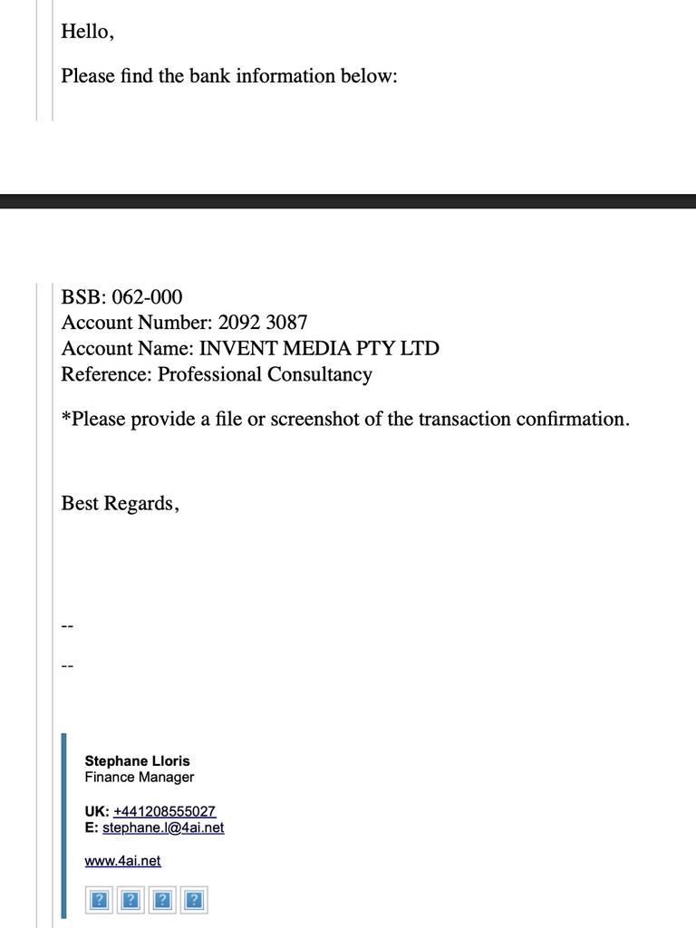 The email from 4AI.net scammers telling Andy where to send his money.