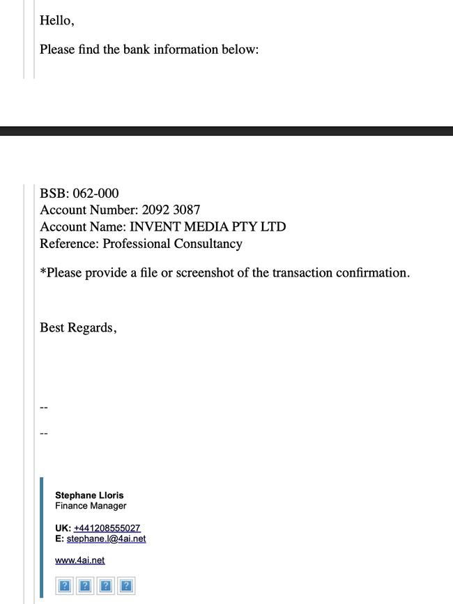 The email from 4AI.net scammers telling Andy where to send his money.