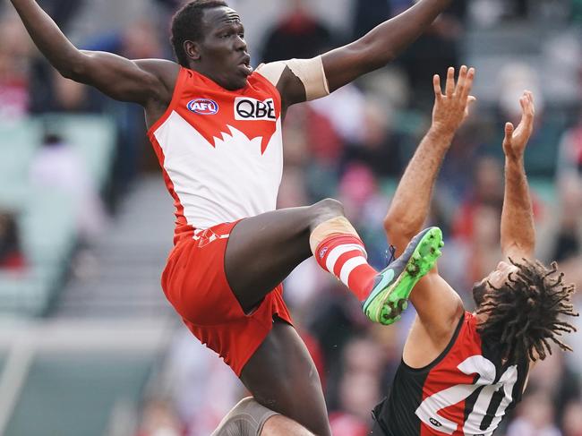 Aliir Aliir was one of the Swans’ best as Zac Clarke struggled. Pic: Getty Images