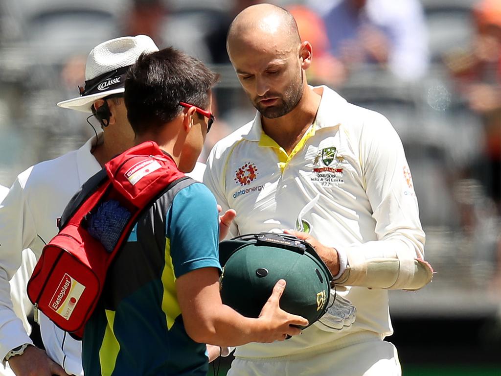 Nathan Lyon was struck in the head.