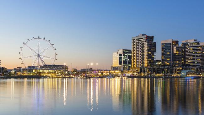 Panoramic image of the docklands waterfront area of Melbourne at night