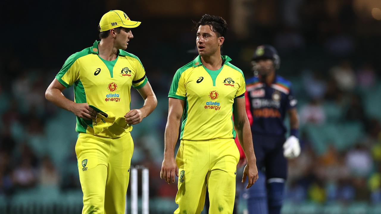 Marcus Stoinis leaves the field after injuring his left side in the first ODI against India. Picture: Getty Images