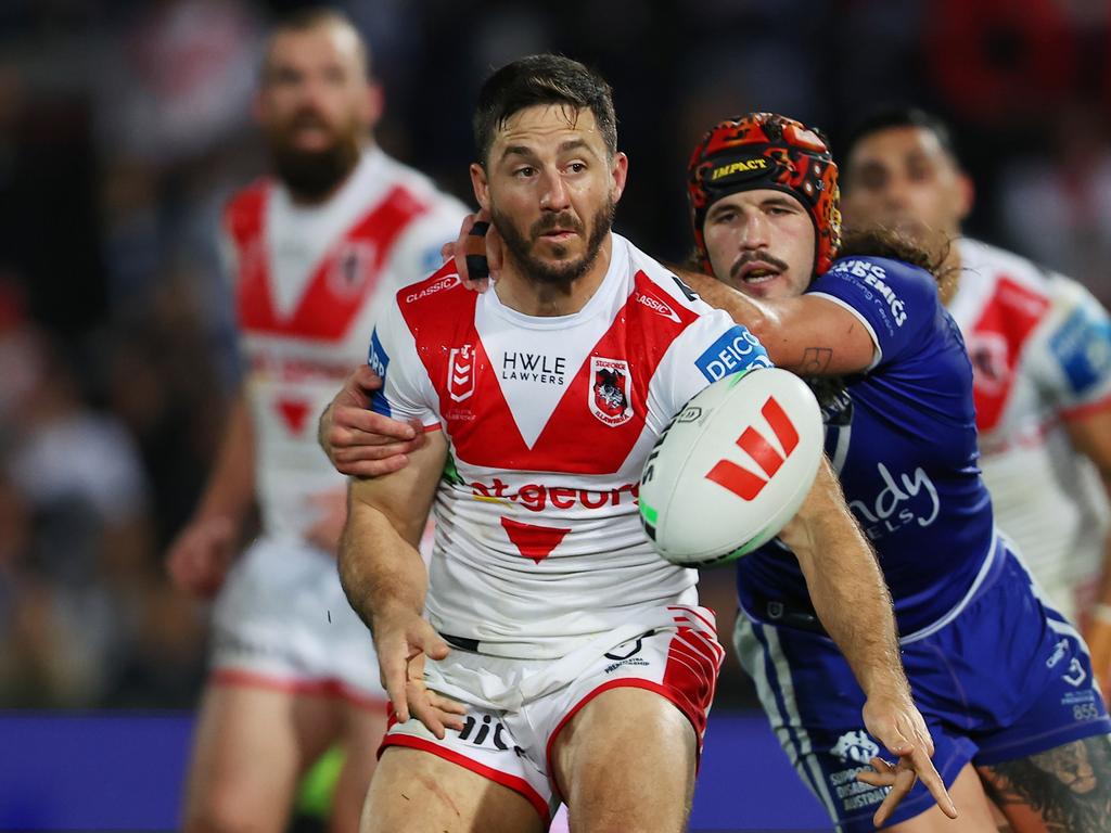 Ben Hunt of the Dragons looks to pass during the round 23 NRL match. (Photo by Jeremy Ng/Getty Images)