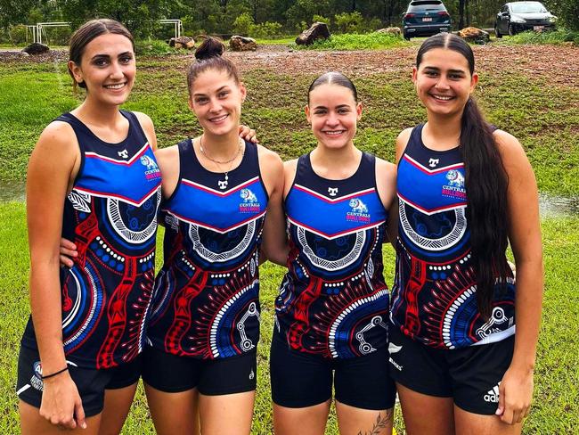 Michala Collins, Bella Boyd, Emma Forsyth and Rhania Hewitt (l-r). 2024 AFL Cairns CTB Bulldogs recruits from Southern Districts (NTFL). Credit: Centrals Trinity Beach Bulldogs Facebook