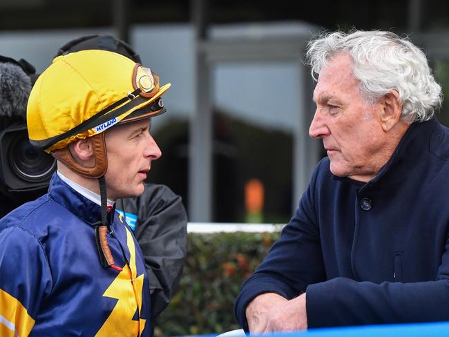 Blake Shinn with owner Rupert Legh after General Firepower won the ive > Handicap at Sportsbet Sandown Hillside Racecourse on June 05, 2024 in Springvale, Australia. (Photo by Pat Scala/Racing Photos via Getty Images)