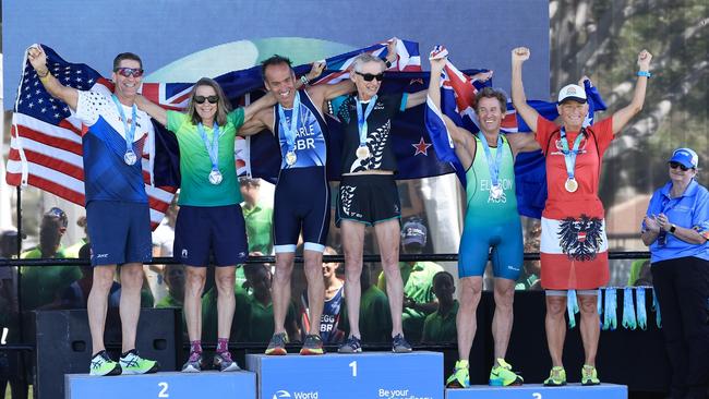 Territorian Tim Ellison was among the triathletes to podium in the Townsville 2024 Multisports World Championships. Picture: World Triathlon