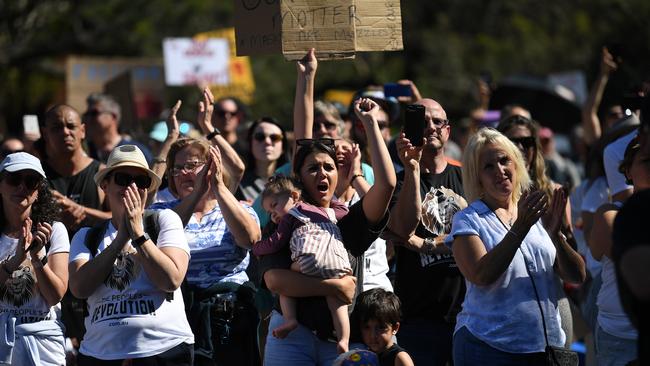 People gather for a large protest to rally for freedom of speech, movement, choice, assembly, and Health in Brisbane. Picture: NCA NewsWire / Dan Peled