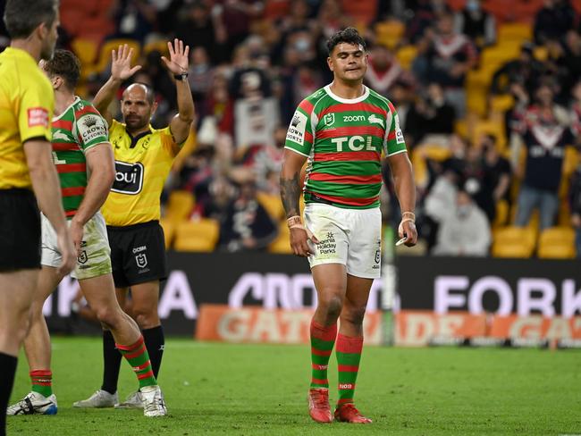 South Sydney's Latrell Mitchell is binned for his high shot on the Roosters' Joey Manu. Picture: NRL Photos