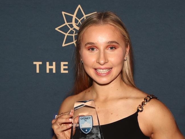 SYDNEY, AUSTRALIA - JUNE 10: Taylor Ray poses after receiving the Fujitsu Under 20 Player of the Year Award during the Sydney FC Sky Blue Ball at The Star on June 10, 2022 in Sydney, Australia. (Photo by Jason McCawley/Getty Images)