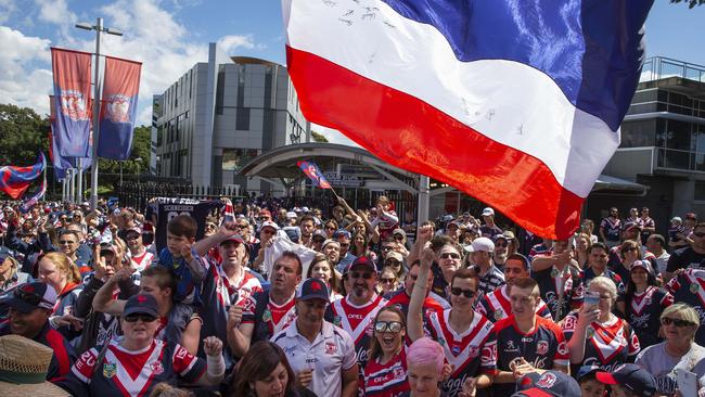 Hundreds gathered for the Sydney Roosters at their fan day in Moore Park. Picture: Justin Lloyd