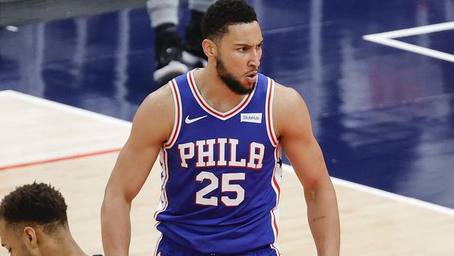 WASHINGTON, DC - MAY 31: Ben Simmons #25 of the Philadelphia 76ers celebrates during the first quarter against the Washington Wizards during Game Four of the Eastern Conference first round series at Capital One Arena on May 31, 2021 in Washington, DC. NOTE TO USER: User expressly acknowledges and agrees that, by downloading and or using this photograph, User is consenting to the terms and conditions of the Getty Images License Agreement.   Tim Nwachukwu/Getty Images/AFP == FOR NEWSPAPERS, INTERNET, TELCOS & TELEVISION USE ONLY ==