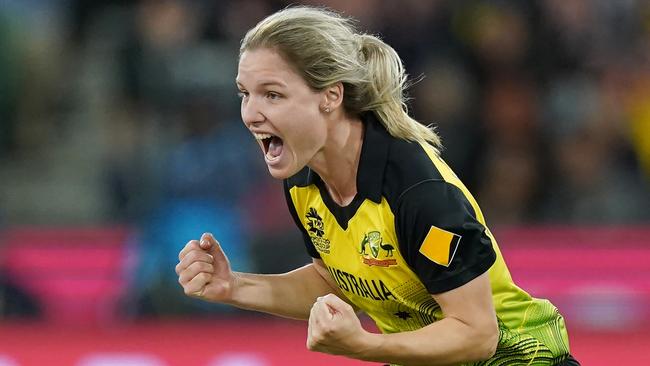 Nicola Carey of Australia celebrates a wicket during the Women's T20 World Cup final match between Australia and India at the MCG in Melbourne, Sunday, March 8, 2020. (AAP Image/Michael Dodge)