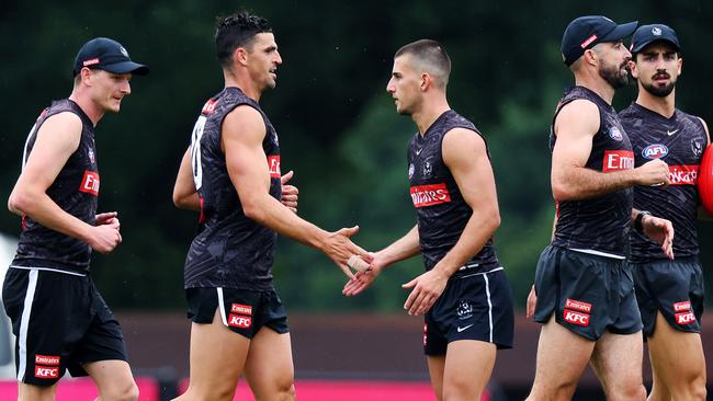 Scott Pendlebury (centre left) says he feels fresh and fully fit as he enters his 20th AFL pre-season. Picture: Mark Stewart