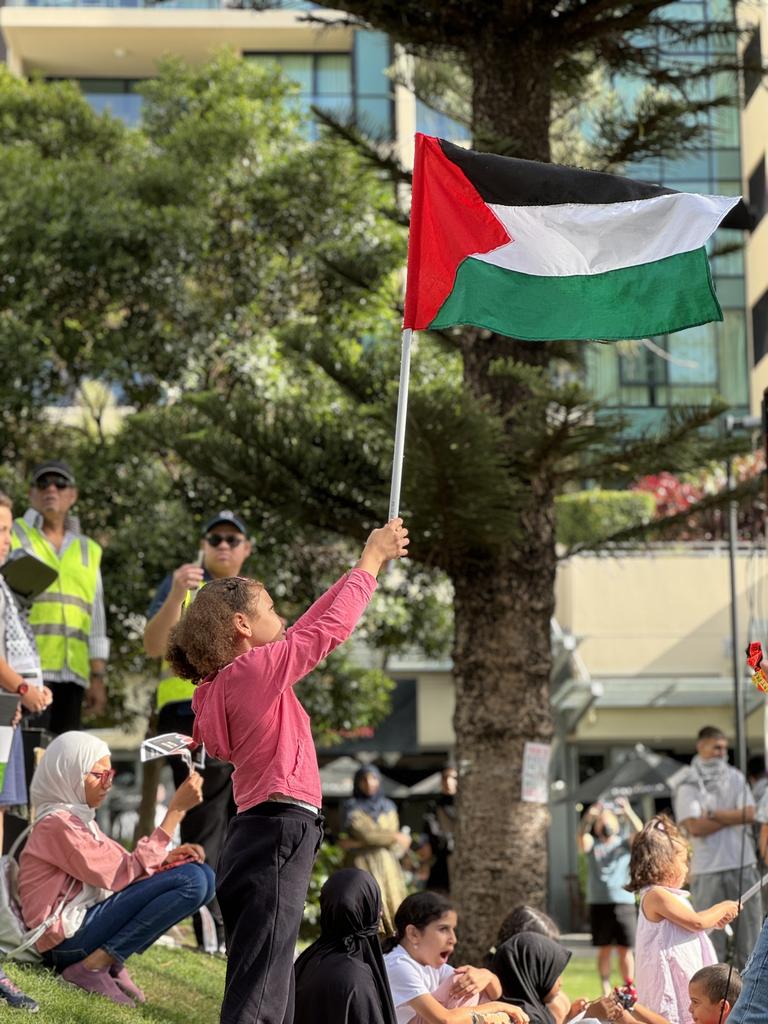 A child waving the Palestine flag at a Palestine solidarity rally held at Victoria Park, Broadbeach on 18.11.23. Picture: Amaani Siddeek