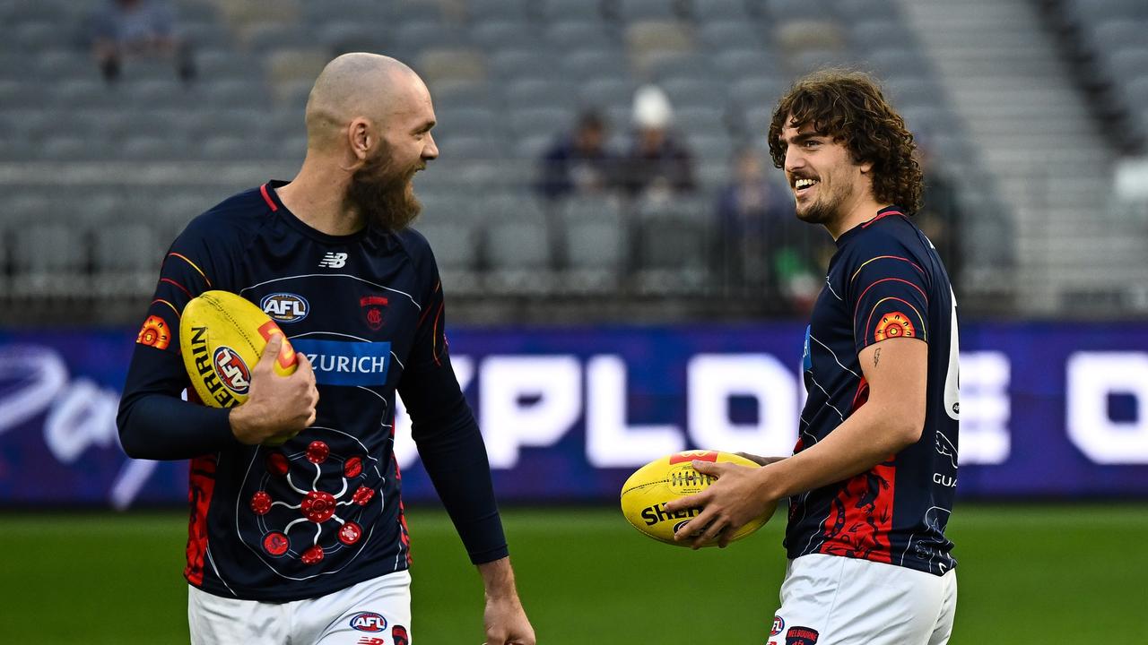 Max Gawn has a laugh with Luke Jackson before Melbourne’s win over Fremantle.