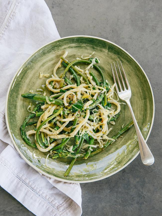 Hand-rolled noodles with garlic scapes by Sean Moran