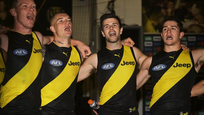 Trent Cotchin leads the celebrations after last week’s big win over Brisbane. Picture: Getty Images