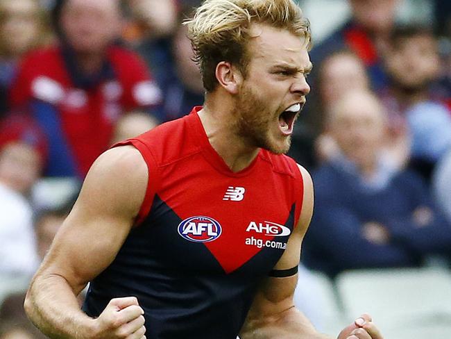 AFL Round 1 - Melbourne v GWS at MCG , Melbourne's Jack Watts celebrates a goal.26th March 2016. Picture: Colleen Petch.