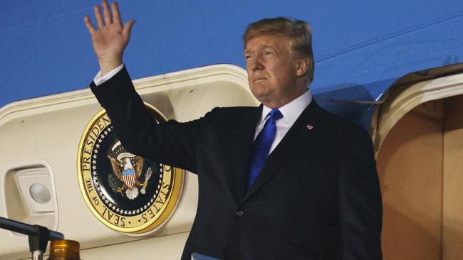 Donald Trump arrives at Paya Lebar Air Base for the summit. Picture: AP.