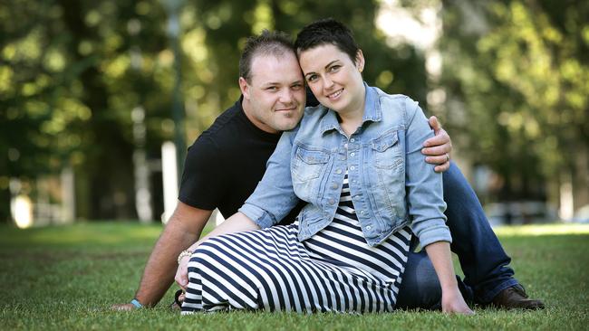 Natalie Kellalea, with husband Alex, is seizure-free after a world-first trial to pump medication directly to her brain to avoid the debilitating side effects of tablets. Picture: Andrew Tauber
