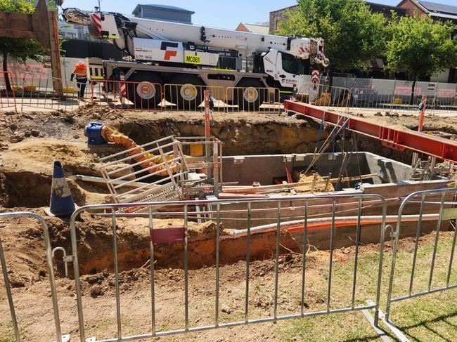 Adelaide Lord Mayor Jane Lomax-Smith says the city council had no warning about roadworks in Whitmore Square, where a huge hole has been dug by SA Power Network workers. Picture: Adelaide City Council