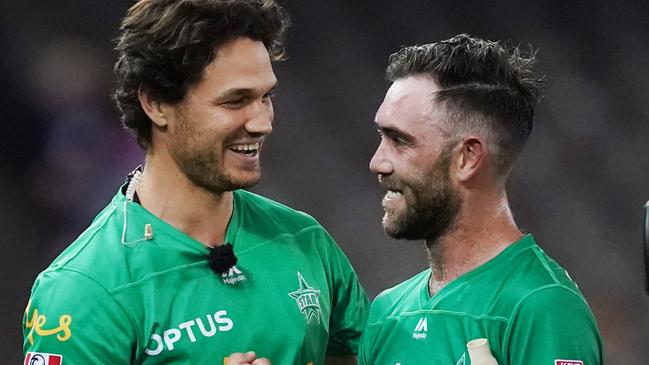 Nathan Coulter-Nile, left, and Glenn Maxwell are likely to have a big say in Round 1 of KFC SuperCoach BBL. Picture:Michael Dodge/AAP