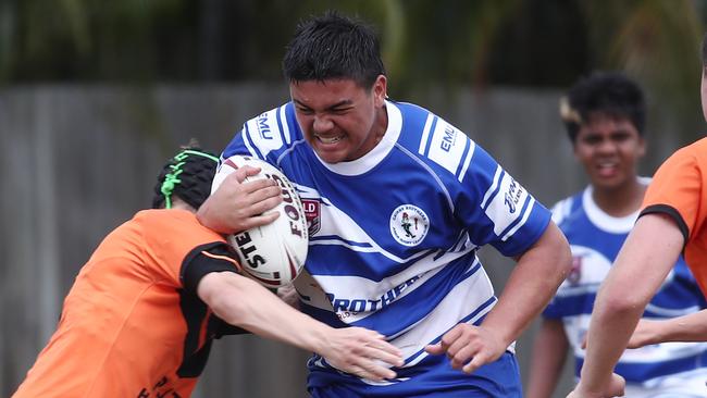 Brothers' Ma'Taeo Benioni takes a hit up in the Cairns and District Junior Rugby League match between Cairns Brothers and Tully Tigers, held at Jones Park, Westcourt. PICTURE: BRENDAN RADKE