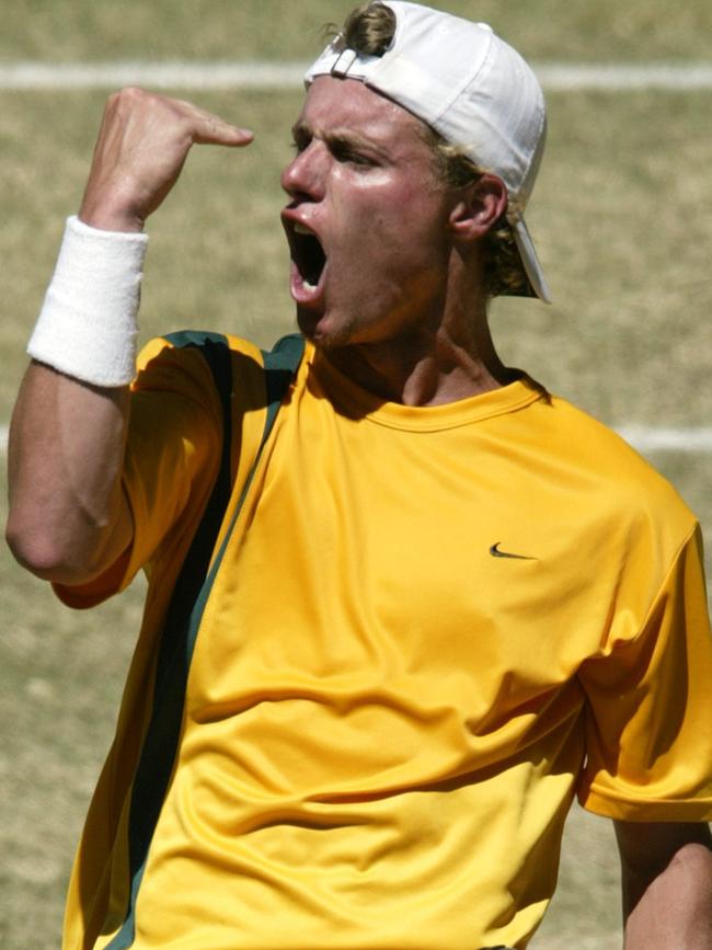 Lleyton Hewitt reacts after winning a point in the Davis Cup final in 2003. Picture: AP