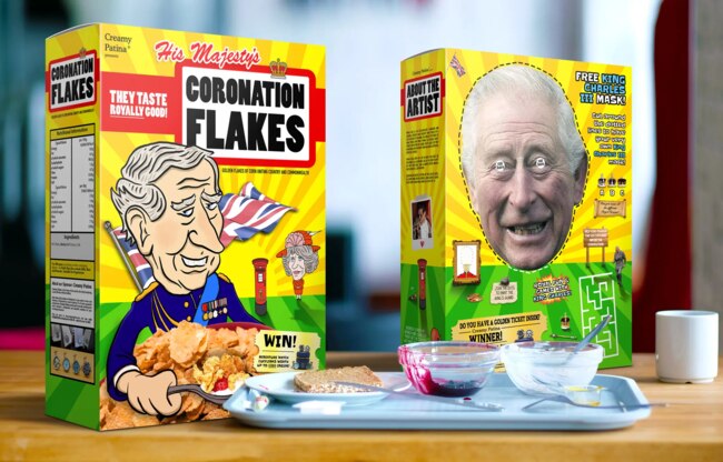 Dr. Imran Haq, a surgeon for Britain’s National Health Service, made boxes of “Coronation Flakes” to mark the coronation of King Charles III. AUD $41