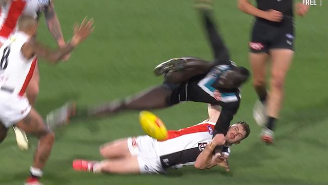 Jack Higgins’ sling tackle concusses Aliir Aliir at Adelaide Oval in R7.