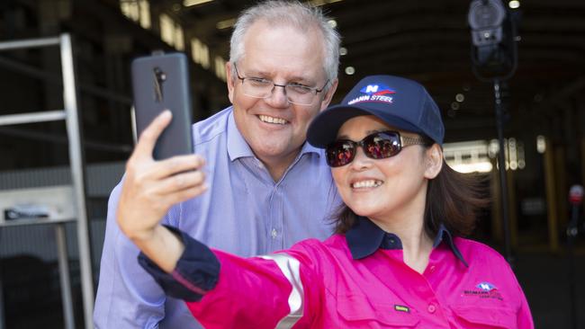 Prime Minister Scott Morrison gets a selfie with a worker from Neumann Steel on the Gold Coast late last year. Picture: NCA NewsWire/Sarah Marshall