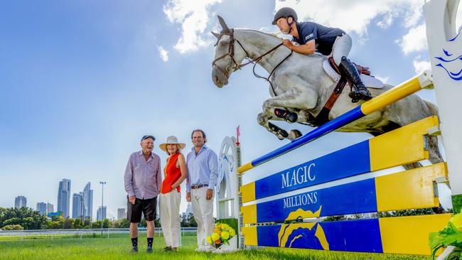 Gerry Harvey, Katie Page and Tom Magnier have announced a $1m prize for next year’s Magic Millions show jumping event. Picture: Luke Marsden.