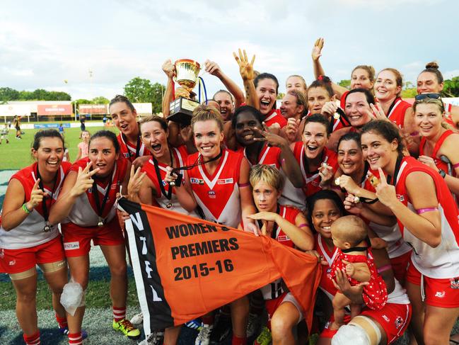 Waratah players celebrate their 2015-16 Women’s Premier League Grand Final win over Wanderers. Picture: Ivan Rachman