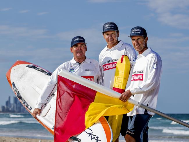 ### ON HOLD UNTIL DECEMBER ISSUE ###Veteran Gold Coast lifeguards, Anthony Lunney, Peter Ball and Scott Franzmann for a story on  life on the beach. Picture: Jerad Williams