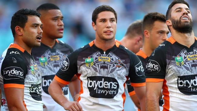 Tigers James Tedesco and Mitchell Moses during the round 8 NRL game between the Wests Tigers and the Canterbury Bulldogs at ANZ Stadium, Homebush. Picture: Gregg Porteous