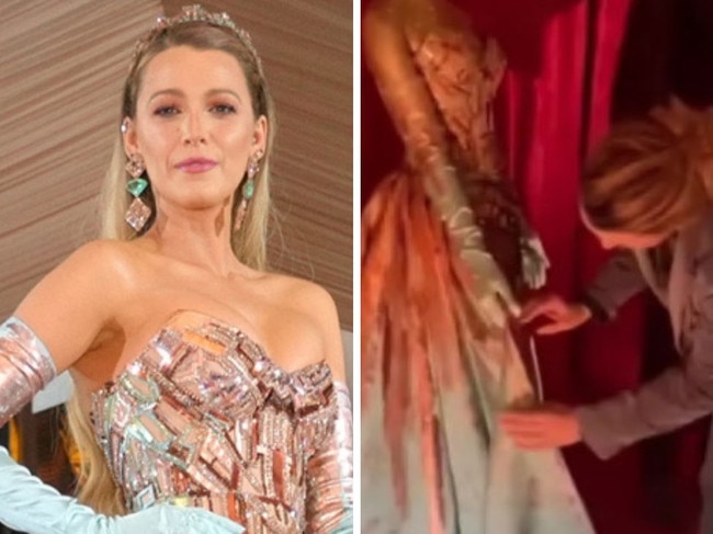 Blake Lively steps over rope at Kensington Palace museum exhibit to fix her displayed Met gown. Picture: Blake Lively/Instagram