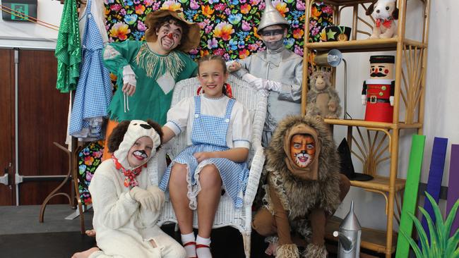 On set for St Joseph's Primary School's musical are Tyler Mackay (Scarecrow), Bella Dickie (Toto), Grace Hack (Dorothy), Miguel Gambley (Lion) and Nicholas Beckitt (Tin Man). Picture: Michelle Smith