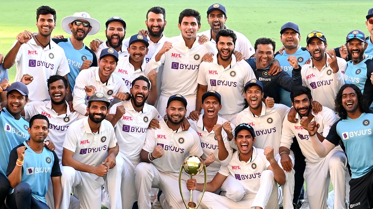 The Indian team celebrate a historic series win against Australia at The Gabba. Picture: Getty Images